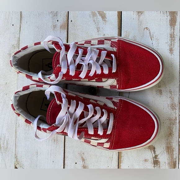 VANS Old Skool Red Checkerboard Sneakers canvas suede 7.5 skateboard streetwear - Picture 14 of 15